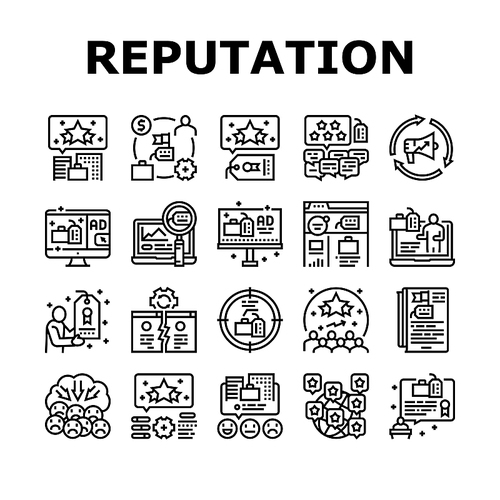 Reputation Management Collection Icons Set Vector. Social Media And Brand Ambassador, Company World Reputation Management And Reviews Black Contour Illustrations