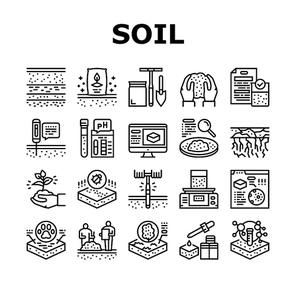 Soil Testing Nature Collection Icons Set Vector. Soil Testing Equipment And Ph Device, Laboratory Analyzing And Using Pesticides Black Contour Illustrations