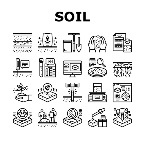 Soil Testing Nature Collection Icons Set Vector. Soil Testing Equipment And Ph Device, Laboratory Analyzing And Using Pesticides Black Contour Illustrations
