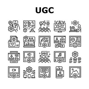 User Generated Content Collection Icons Set Vector. Video And Audio, Images And Text User Generated Content, Ugc Setting And Development Black Contour Illustrations