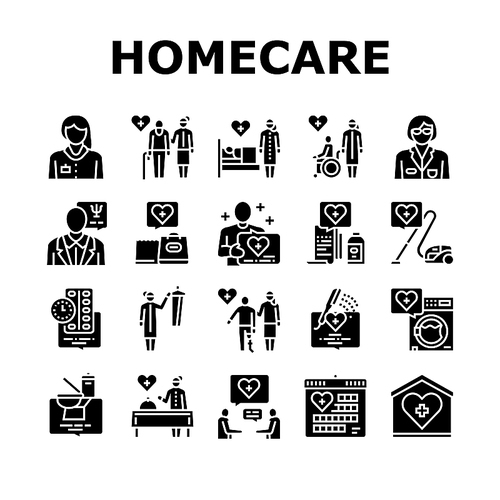Homecare Services Collection Icons Set Vector. Volunteer Personal Care Elderly And Sick People, Dressing And Helping Washing Homecare Services Glyph Pictograms Black Illustrations