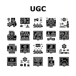 User Generated Content Collection Icons Set Vector. Video And Audio, Images And Text User Generated Content, Ugc Setting And Development Glyph Pictograms Black Illustrations