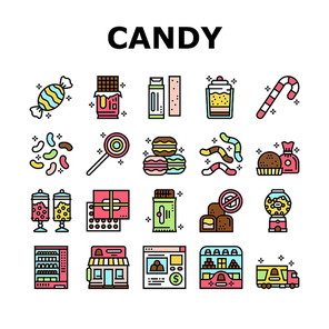 Candy Shop Product Collection Icons Set Vector. Candy Shop Building And Vending Machine Equipment For Selling Chewing Gum And Cookie, Chocolate And Cake Line Pictograms. Contour Color Illustrations