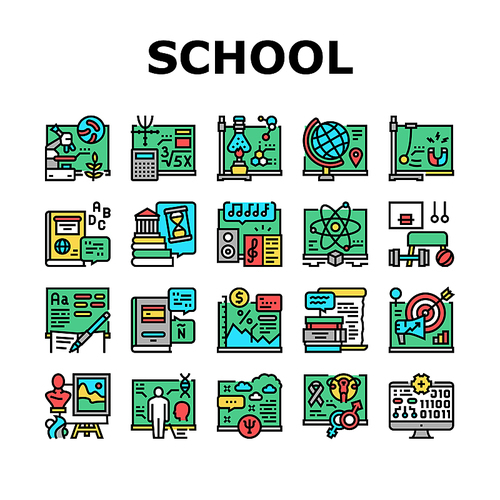 School Subjects Learn Collection Icons Set Vector. Geography And Literature, Spanish And English Language, History And Physics School Subjects Studying Line Pictograms. Contour Color Illustrations