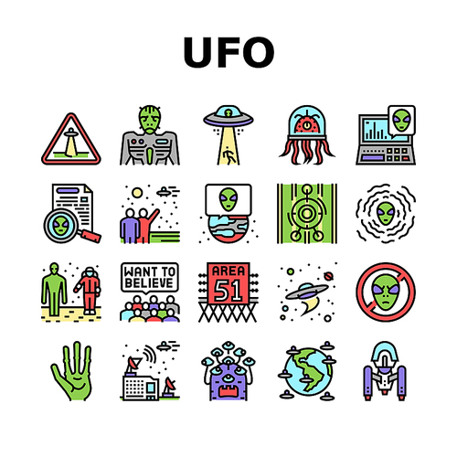 Ufo Guest Visiting Collection Icons Set Vector. Ufo Spaceship And Alien, Experimental Area Zone 51 And Laboratory, Space Station And Planet Line Pictograms. Contour Color Illustrations