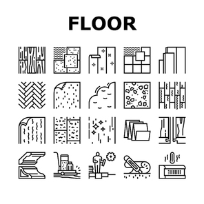 Floor Installation Collection Icons Set Vector. Carpenter Covering And Floor Heating Electronic System, Plastic And Wood Parquet Layer, Ceramic And Stone Black Contour Illustrations