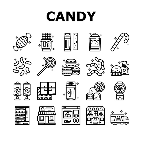 Candy Shop Product Collection Icons Set Vector. Candy Shop Building And Vending Machine Equipment For Selling Chewing Gum And Cookie, Chocolate And Cake Black Contour Illustrations