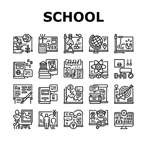 School Subjects Learn Collection Icons Set Vector. Geography And Literature, Spanish And English Language, History And Physics School Subjects Studying Black Contour Illustrations
