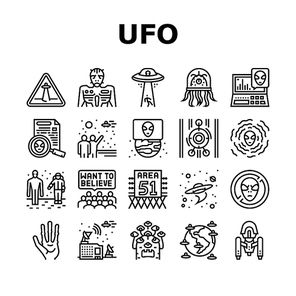 Ufo Guest Visiting Collection Icons Set Vector. Ufo Spaceship And Alien, Experimental Area Zone 51 And Laboratory, Space Station And Planet Black Contour Illustrations