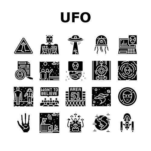 Ufo Guest Visiting Collection Icons Set Vector. Ufo Spaceship And Alien, Experimental Area Zone 51 And Laboratory, Space Station And Planet Glyph Pictograms Black Illustrations