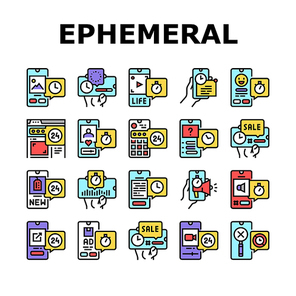 Ephemeral Content Collection Icons Set Vector. Social Media Story And Photography, File Document Downloading And Advertise Ephemeral Line Pictograms. Contour Color Illustrations