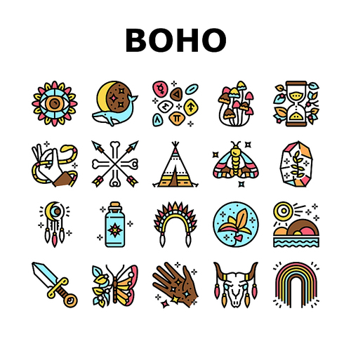 Boho Style Decoration Collection Icons Set Vector. Butterfly And Insect, Dreamcatcher And Stone, Mushrooms And Plant, Dagger And Hourglass Boho Ornament Line Pictograms. Contour Color Illustrations