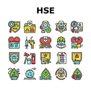 Health Safety Environment Hse Icons Set Vector. Communication And Learning, Energy Saving And Waste Management, First Aid And Work Safety Line Pictograms. Contour Color Illustrations