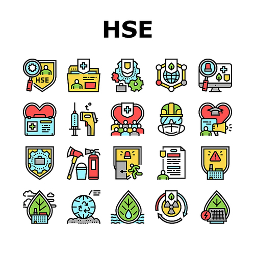 Health Safety Environment Hse Icons Set Vector. Communication And Learning, Energy Saving And Waste Management, First Aid And Work Safety Line Pictograms. Contour Color Illustrations