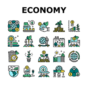 Green Economy Industry Collection Icons Set Vector. Energy Saving Electrical Transport And Zero Waste Technology, Green Economy And Production Line Pictograms. Contour Color Illustrations
