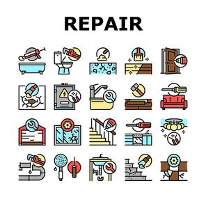 Home Repair Occupation Collection Icons Set Vector. Sink And Bath, Garage Door And Furniture, Kitchen And Bathroom Faucet, Home Repair Work Line Pictograms. Contour Color Illustrations