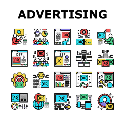 Programmatic Advertising Service Icons Set Vector. Audience Programmatic Advertising And Analytics, Optimization And Remarketing, Digital Advertise Line Pictograms. Contour Color Illustrations