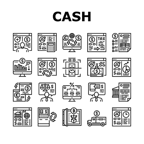 Cash Services Bank Collection Icons Set Vector. Opening Customer Account And Providing Information On Cash Flow, Money Transaction And Currency Black Contour Illustrations