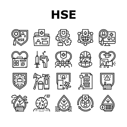 Health Safety Environment Hse Icons Set Vector. Communication And Learning, Energy Saving And Waste Management, First Aid And Work Safety Black Contour Illustrations