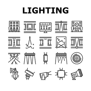 Facade Lighting Tool Collection Icons Set Vector. Building Facade Lighting Electrical Equipment, Exterior Light Lamp And Lantern, Spotlight Electric Device Black Contour Illustrations