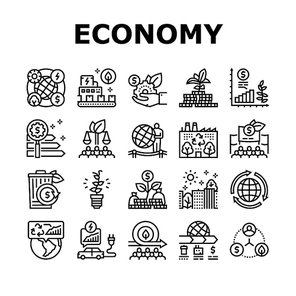 Green Economy Industry Collection Icons Set Vector. Energy Saving Electrical Transport And Zero Waste Technology, Green Economy And Production Black Contour Illustrations