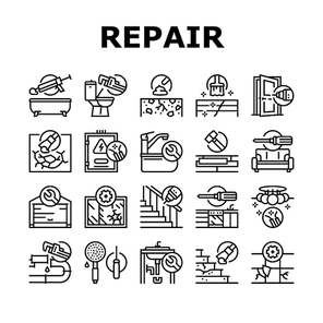 Home Repair Occupation Collection Icons Set Vector. Sink And Bath, Garage Door And Furniture, Kitchen And Bathroom Faucet, Home Repair Work Black Contour Illustrations