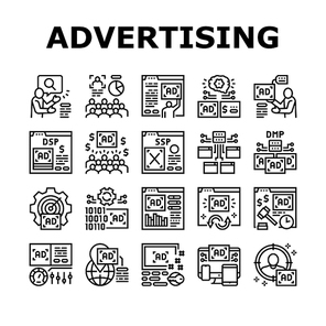 Programmatic Advertising Service Icons Set Vector. Audience Programmatic Advertising And Analytics, Optimization And Remarketing, Digital Advertise Black Contour Illustrations