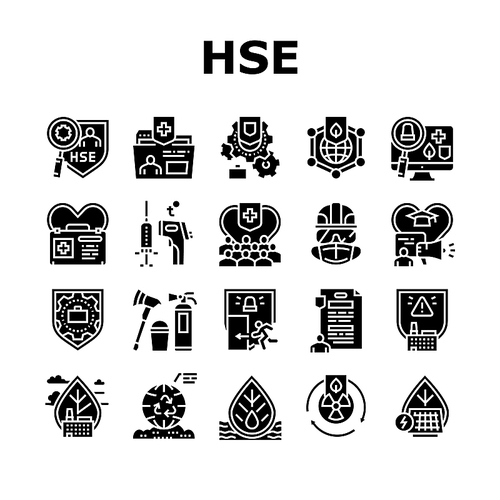 Health Safety Environment Hse Icons Set Vector. Communication And Learning, Energy Saving And Waste Management, First Aid And Work Safety Glyph Pictograms Black Illustrations