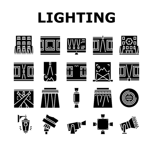 Facade Lighting Tool Collection Icons Set Vector. Building Facade Lighting Electrical Equipment, Exterior Light Lamp And Lantern, Spotlight Electric Device Glyph Pictograms Black Illustrations