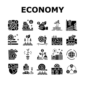 Green Economy Industry Collection Icons Set Vector. Energy Saving Electrical Transport And Zero Waste Technology, Green Economy And Production Glyph Pictograms Black Illustrations