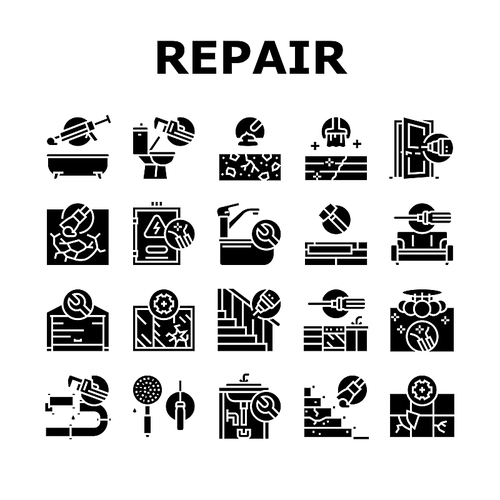Home Repair Occupation Collection Icons Set Vector. Sink And Bath, Garage Door And Furniture, Kitchen And Bathroom Faucet, Home Repair Work Glyph Pictograms Black Illustrations