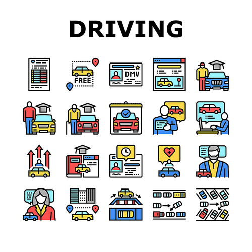 Driving School Lesson Collection Icons Set Vector. Driving School Educational Material And Test, Diagonal And Parallel Parking Teach Instructor Line Pictograms. Contour Color Illustrations