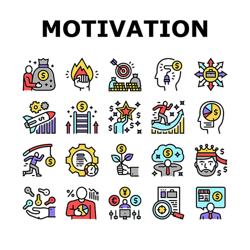 Business Motivation Collection Icons Set Vector. Businessman Finance Losses And Wealth, Goal Achievement And Business Motivation Lesson Training Line Pictograms. Contour Color Illustrations