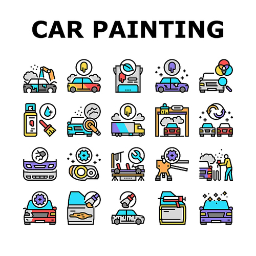 Car Painting Service Collection Icons Set Vector. Car Painting And Fixing, Plastic Bumper Repair And Paint, Headlight Restoration And Clear Coating Line Pictograms. Contour Color Illustrations