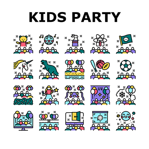 Kids Birthday Party Collection Icons Set Vector. Magic And Disco Kids Birthday Party, Outdoor Soccer Sport And Virtual Escape Room, Pool And Beach Line Pictograms. Contour Color Illustrations