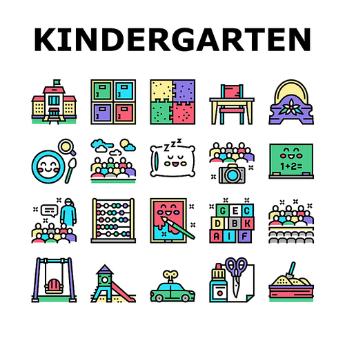 Kindergarten Activity Collection Icons Set Vector. Kindergarten Sleeping And Walking Time, Mathematics And Painting Studying Lesson, Puzzle Jigsaw And Toy Line Pictograms. Contour Color Illustrations