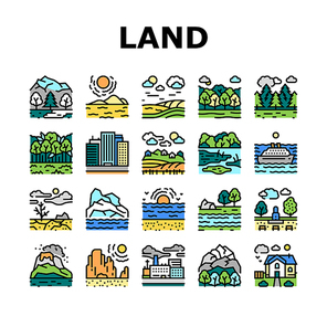 Land Scape Nature Collection Icons Set Vector. Desert And Forest, Meadow And Industrial Metropolis, Sea And Ocean, Tundra And Taiga Land Line Pictograms. Contour Color Illustrations
