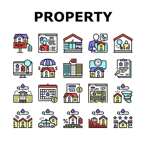 Property Rental Agency Collection Icons Set Vector. Signing Contract And Payment Of Taxes, Insurance And Inspection Property Rental Agent Service Line Pictograms. Contour Color Illustrations