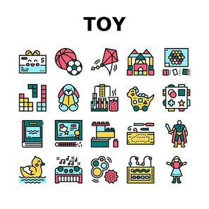 Toy Shop Sale Product Collection Icons Set Vector. Doll And Car, Musical And Educational Toy, Puzzle Jigsaw And Construction, Action Figures And Diy Kits Line Pictograms. Contour Color Illustrations