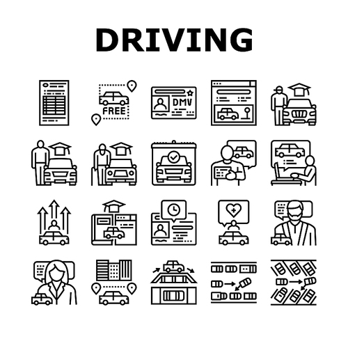 Driving School Lesson Collection Icons Set Vector. Driving School Educational Material And Test, Diagonal And Parallel Parking Teach Instructor Black Contour Illustrations