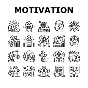 Business Motivation Collection Icons Set Vector. Businessman Finance Losses And Wealth, Goal Achievement And Business Motivation Lesson Training Black Contour Illustrations