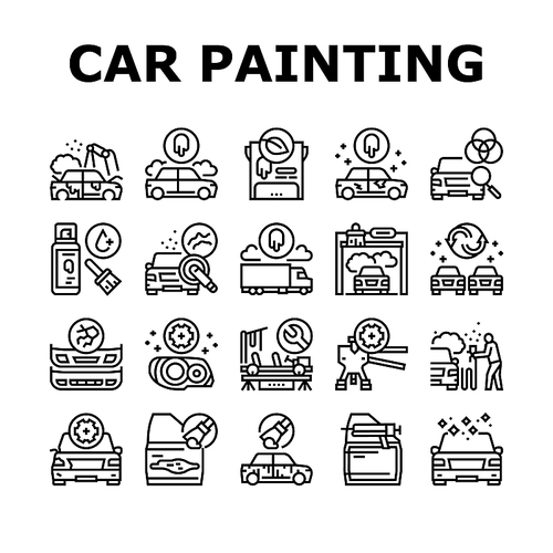 Car Painting Service Collection Icons Set Vector. Car Painting And Fixing, Plastic Bumper Repair And Paint, Headlight Restoration And Clear Coating Black Contour Illustrations