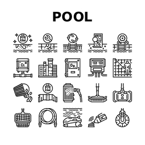 Pool Cleaning Service Collection Icons Set Vector. Pool Cleaning Electronic Robot With Vacuum Brush And Cleaner Equipment, Ozonator And Filtration Black Contour Illustrations