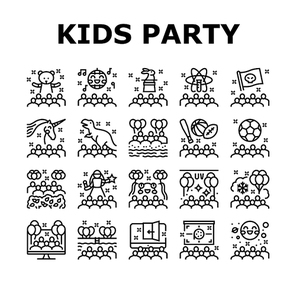 Kids Birthday Party Collection Icons Set Vector. Magic And Disco Kids Birthday Party, Outdoor Soccer Sport And Virtual Escape Room, Pool And Beach Black Contour Illustrations