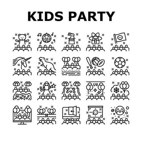 Kids Birthday Party Collection Icons Set Vector. Magic And Disco Kids Birthday Party, Outdoor Soccer Sport And Virtual Escape Room, Pool And Beach Black Contour Illustrations