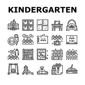 Kindergarten Activity Collection Icons Set Vector. Kindergarten Sleeping And Walking Time, Mathematics And Painting Studying Lesson, Puzzle Jigsaw And Toy Black Contour Illustrations
