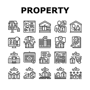 Property Rental Agency Collection Icons Set Vector. Signing Contract And Payment Of Taxes, Insurance And Inspection Property Rental Agent Service Black Contour Illustrations