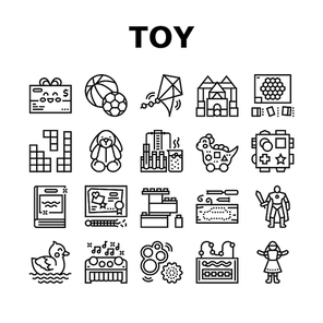 Toy Shop Sale Product Collection Icons Set Vector. Doll And Car, Musical And Educational Toy, Puzzle Jigsaw And Construction, Action Figures And Diy Kits Black Contour Illustrations