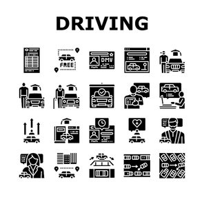 Driving School Lesson Collection Icons Set Vector. Driving School Educational Material And Test, Diagonal And Parallel Parking Teach Instructor Glyph Pictograms Black Illustrations