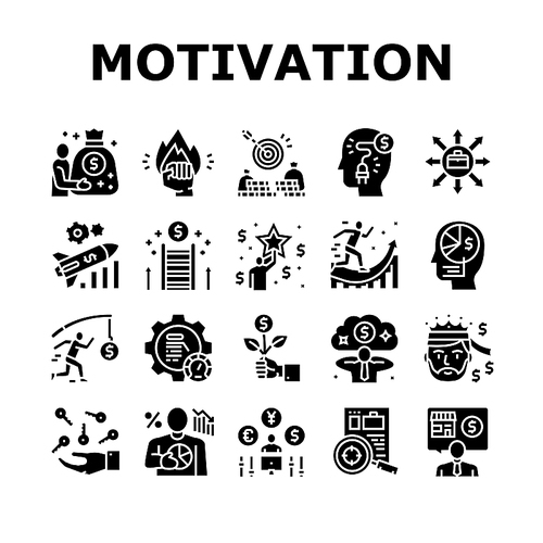 Business Motivation Collection Icons Set Vector. Businessman Finance Losses And Wealth, Goal Achievement And Business Motivation Lesson Training Glyph Pictograms Black Illustrations